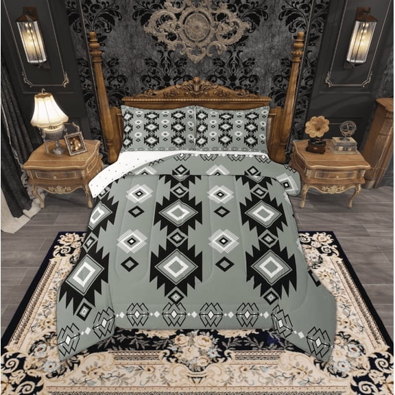 jejeloiu Boho Bohemian Geometric Bedding Comforter Set,Vintage Aztec Geometric Twin Comforter Sets,Green Black Bedding Set,Breathable Room Decorative Reversible,2-Piece