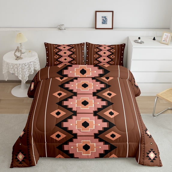 jejeloiu Boho Bohemain Geometric Full Size Comforter Sets,Vintage Aztec Geometric Bedding Comforter Set,Brown Stripes Lines Bedding Sets,Breathable Room Decorative Reversible,3-Piece