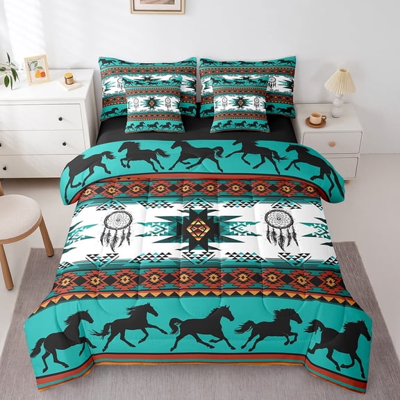 jejeloiu Boho Bohemain Print Bedding Comforter Set 7-Piece,Western Cowboys Horse King Bedding Sets,Ancient Dreamcatcher Bed Sheets For Boys Kids,Lightweight Bedroom Decorative Reversible