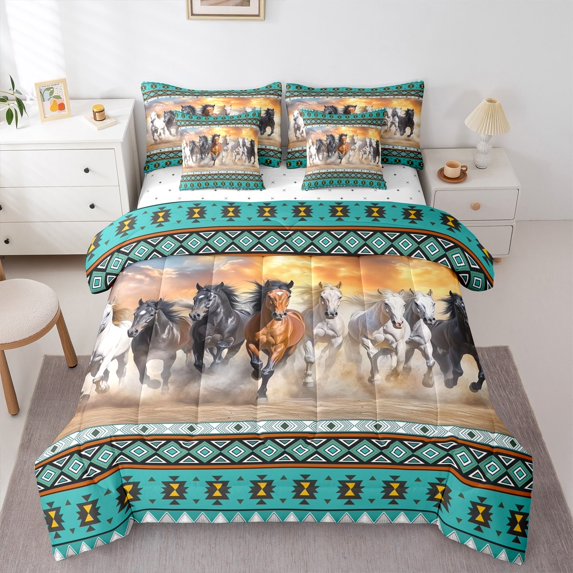 jejeloiu Boho Bohemain Print Bedding Comforter Set 7 Pieces,Western Cowboys Horse Full Bedding Set,Cyan White Brown Fitted Sheet Flat Sheet For Boys Kids,Lightweight Bedroom Decorative Reversible