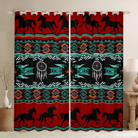 jejeloiu Boho Bohemian Print Black Out Curtains,Western Cowboys Horse Curtains Pack of 2 (42x63 Each),White Dreamcatcher Bedroom Curtains For Boys Kids,Lightweight Bedroom Decorative