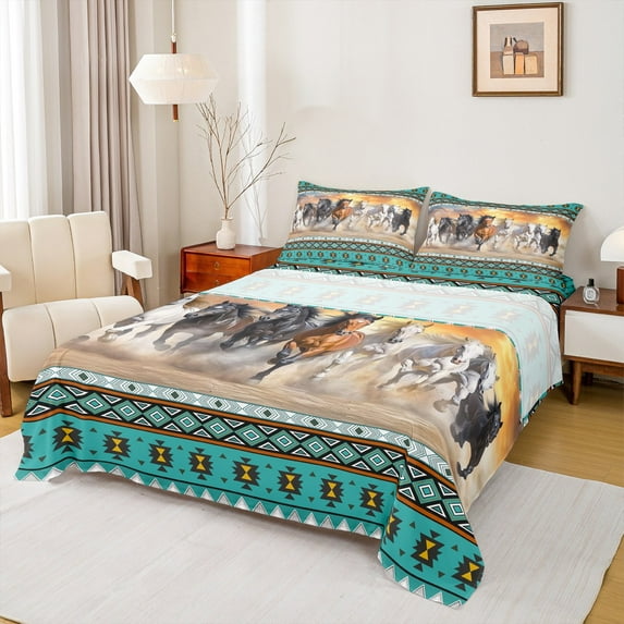 jejeloiu Boho Bohemain Print Full Size Sheets,Western Cowboys Horse Bed Sheets,Cyan White Brown Sheet Sets For Boys Kids,Lightweight Bedroom Decorative,4-Piece