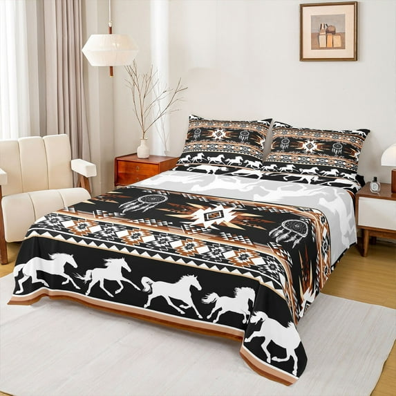 jejeloiu Boho Bohemain Print Full Size Sheets,Western Cowboys Horse Bed Sheets,White Black Brown Sheet Sets For Boys Kids,Lightweight Bedroom Decorative,4 Pieces
