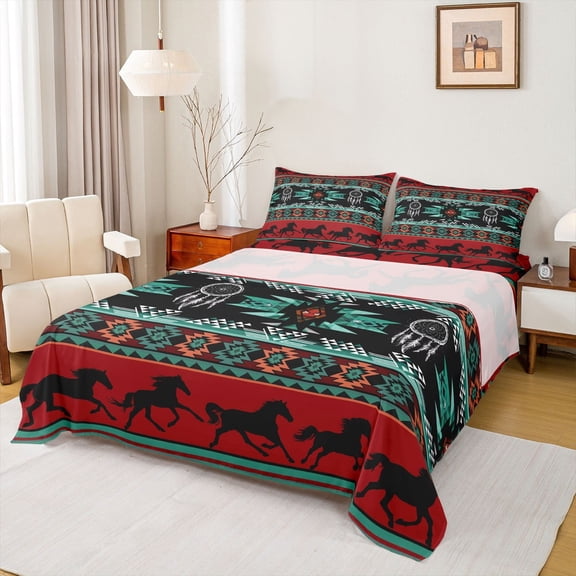 jejeloiu Boho Bohemain Print Queen Sheet Sets,Western Cowboys Horse Flat Sheet,White Dreamcatcher Queen Fitted Sheet For Boys Kids,Lightweight Bedroom Decorative,4pcs