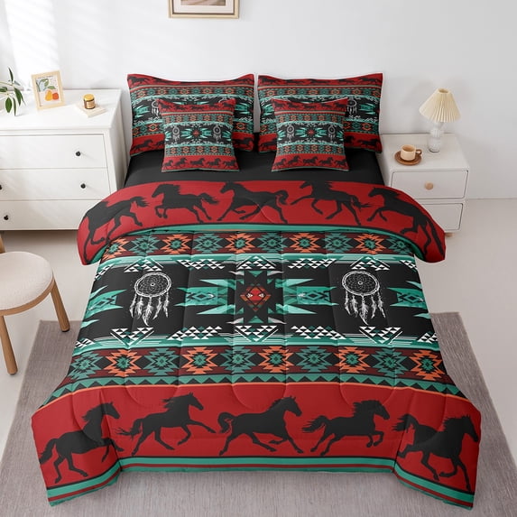jejeloiu Boho Bohemian Print Twin Bedding Sets 7-Piece,Western Cowboys Horse Bedding Comforter Set,White Dreamcatcher Sheet Sets For Boys Kids,Lightweight Bedroom Decorative Reversible