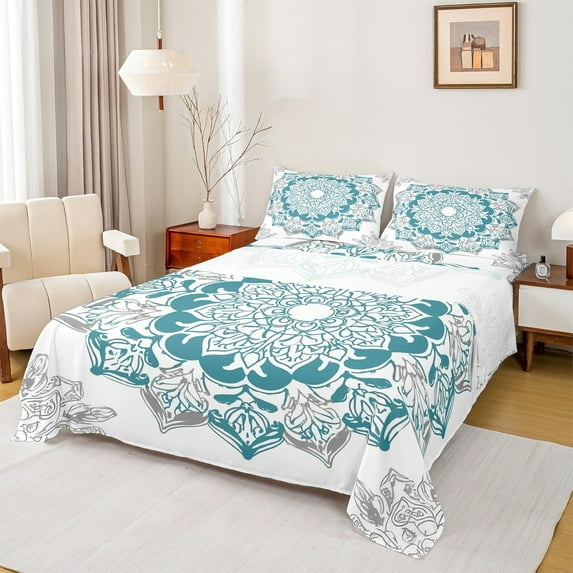 jejeloiu Boho Bohemian Style Full Size Sheets,Rustic Dahlia Flowers Bed Sheets,Blue White Gray Sheet Sets For Kids,Super Cozy Room Decor,4 Pieces