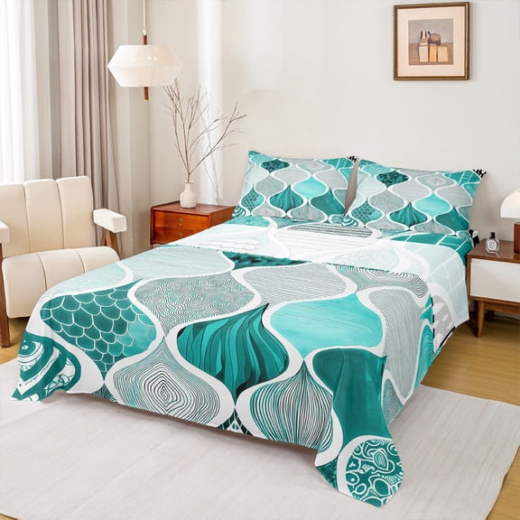 jejeloiu Boho Bohemian Style Twin Sheet Sets,Abstract Geometric Stripe Twin Fitted Sheet,Cyan White Black Flat Sheet For Men Women,Microfiber Bedroom Decor,3-Piece