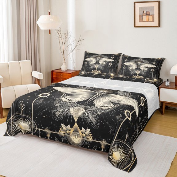 jejeloiu Boho Bohemian Style Twin Sheet Sets,Wild Animal Moth Twin Fitted Sheet,Beige Black Flat Sheet For Teens,Luxury Bedroom Decor,3-Piece