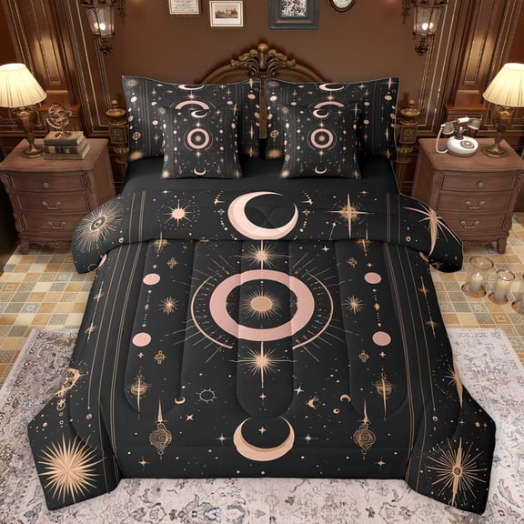 jejeloiu Boho Bohemian Tribal 7-Piece Twin Bedding Sets,Stars Moon Print Bedding Comforter Set,Gold Black Sheet Sets For Men Women,Breathable Home Decor Reversible