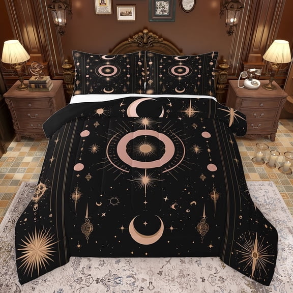 jejeloiu Boho Bohemian Tribal Bedding Comforter Set,Stars Moon Print Twin Comforter Sets,Gold Black Bedding Set For Men Women,Breathable Home Decor Reversible,2-Piece