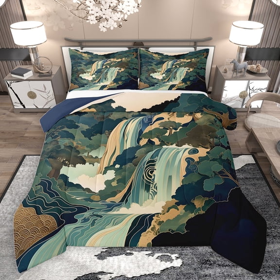 jejeloiu Boho Bohemian Waterfall Queen Comforter Set,Natural Scenery Bedding Sets,Green Beige Bedding Comforter Set For Men Women,Luxury Bedroom Decor Reversible,3 Pieces