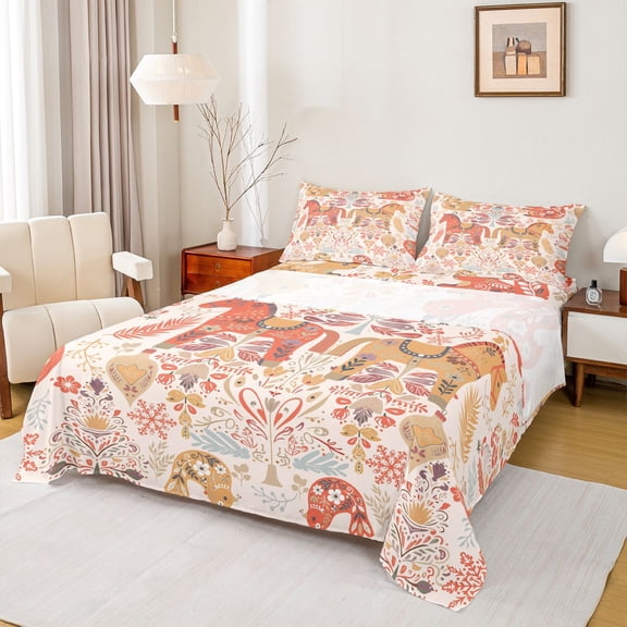 jejeloiu Boho Bohemian Flower Twin Sheet Sets,Cute Cartoon Horse Bedding For Kids 3-Piece