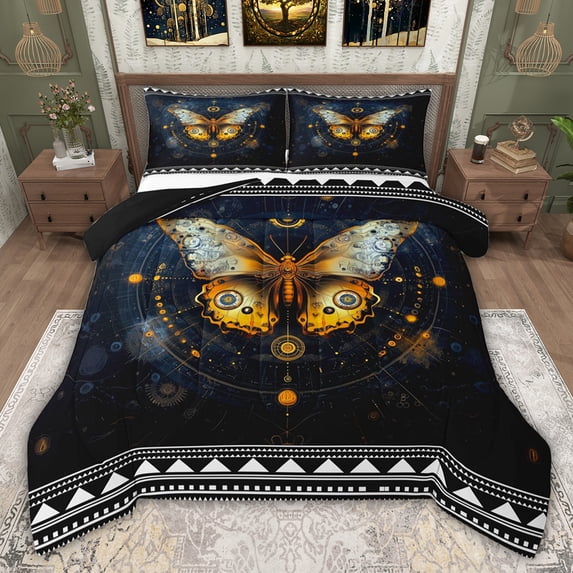 jejeloiu Boho Bohemian Moth Twin Comforter Sets,Orange Black Bedding Set For Adults Reversible 2-Piece