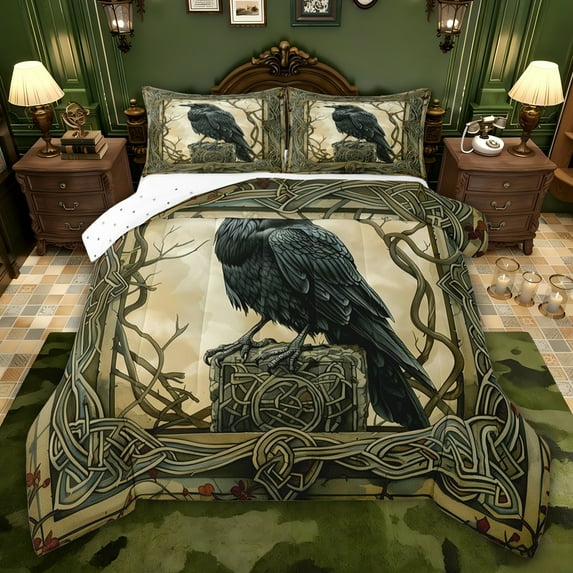 jejeloiu Boho Bohemian Theme Queen Comforter Set,Black Bird Raven Crow Bedding Comforter Set For Men Women Reversible 3 Pieces