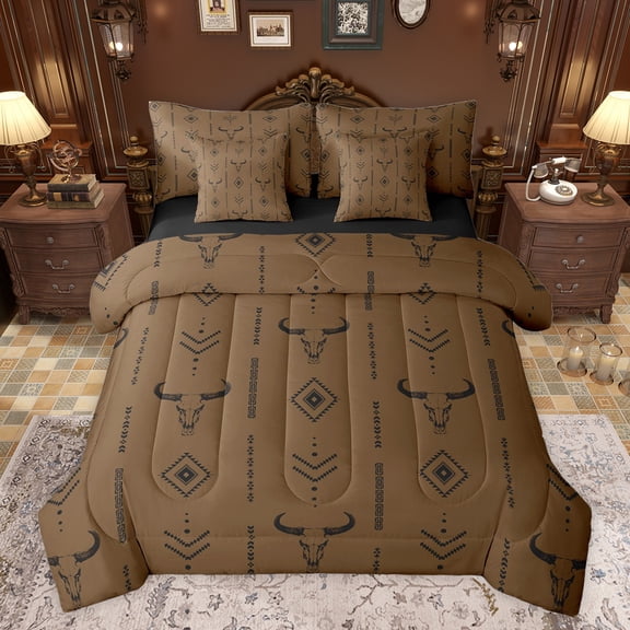 jejeloiu Boho Bull Skull 7 Pieces Bedding Comforter Set,Vintage Aztec Geometric Full Bedding Set,Black Brown Fitted Sheet Flat Sheet For Men Women,Ultra Soft Home Decor Reversible