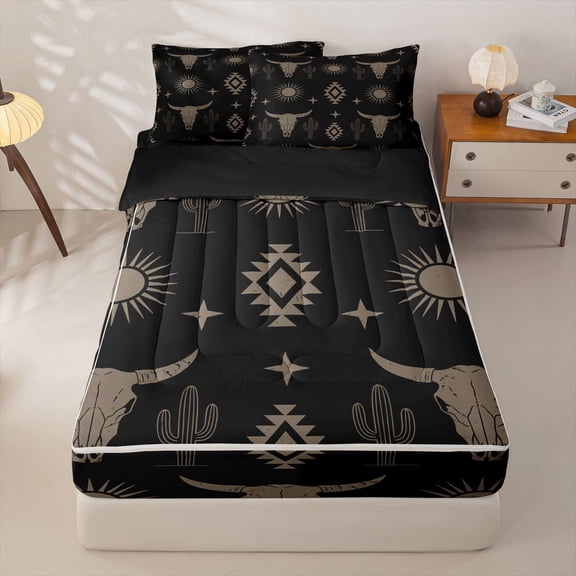 jejeloiu Boho Bull Skull Pattern Zipper Twin Comforter Sets with Fitted Sheet and 2 Pillowcases Kids,Tribal Aztec Print Zipper Bedding SetFor Men,Reversible,4 Pieces