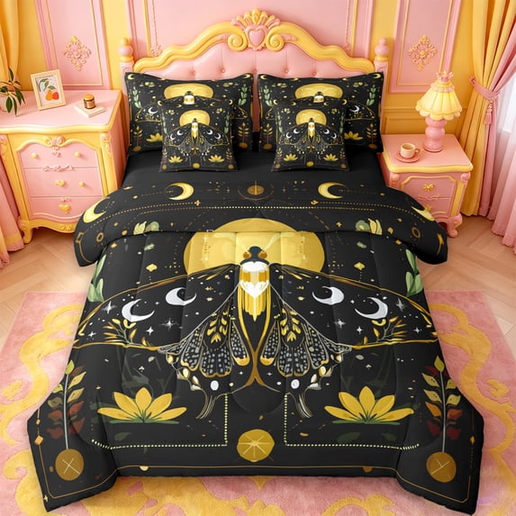 jejeloiu Boho Celestial Moth 7 Pieces Full Size Bedding Sets For Girls,Mystical Print Full Size Bed in a Bag,Black Yellow Gold,Black Reversible