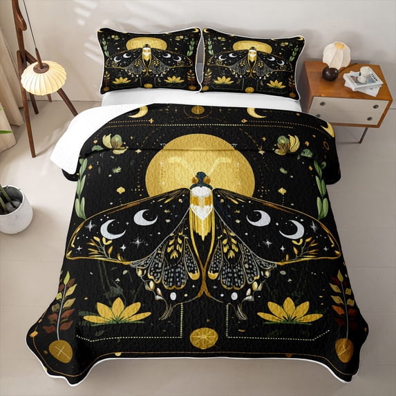 jejeloiu Boho Celestial Moth Bed Spread Queen For Girls,Mystical Print Queen Coverlet Set,Black Yellow Gold,3 Pieces