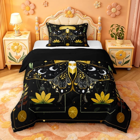 jejeloiu Boho Celestial Moth Twin Comforter Sets For Girls,Mystical Print Bedding Set,Black Yellow Gold,Black Reversible,2-Piece,1 Comforter and 1 Pillowcase