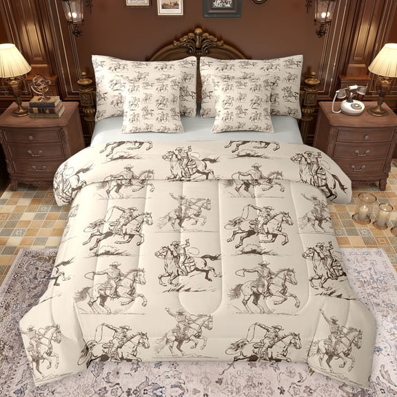jejeloiu Boho Country Style 7 Pieces Bedding Comforter Set,Western Cowboy Full Bedding Set,Abstract Hand Drawn Fitted Sheet Flat Sheet For Adults,Super Cozy Room Decor Reversible