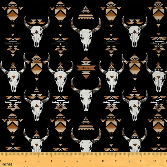 jejeloiu Boho Cow Skull Fabric by the Yard 3 Yards, Hippie Aztec Geometric Sewing Fabric, Black Brown Fabric for Sewing