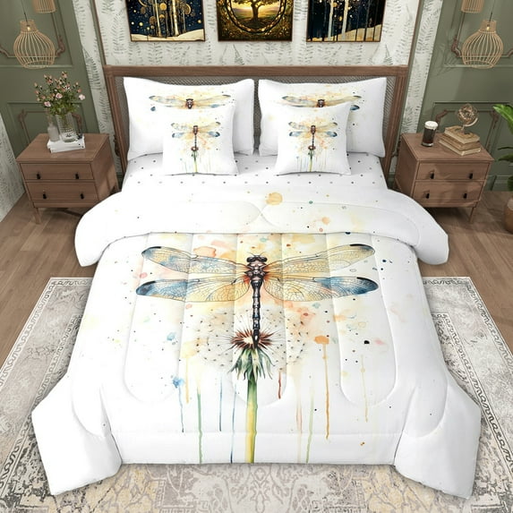 jejeloiu Boho Dragonfly 7pcs Bedding Comforter Set,Vintage Splash Ink Queen Bedding Sets For Girls Women Reversible