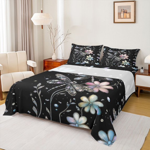 jejeloiu Boho Dragonfly Bed Sheets,Cute Daisy Blossom King Sheets For Girls Women 4-Piece