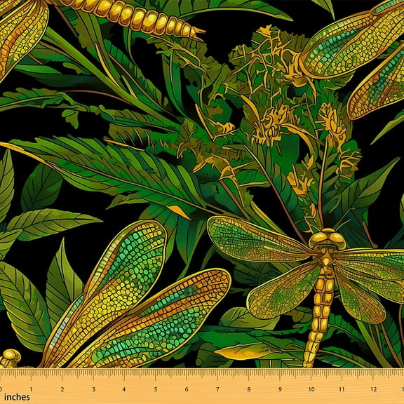 jejeloiu Boho Dragonfly Fabric by the Yard 1 Yard,Green Leaves Home Decor Fabric by the Yard,Tropical Botanical Sewing Fabric For Adults,Luxury Bedroom Decor