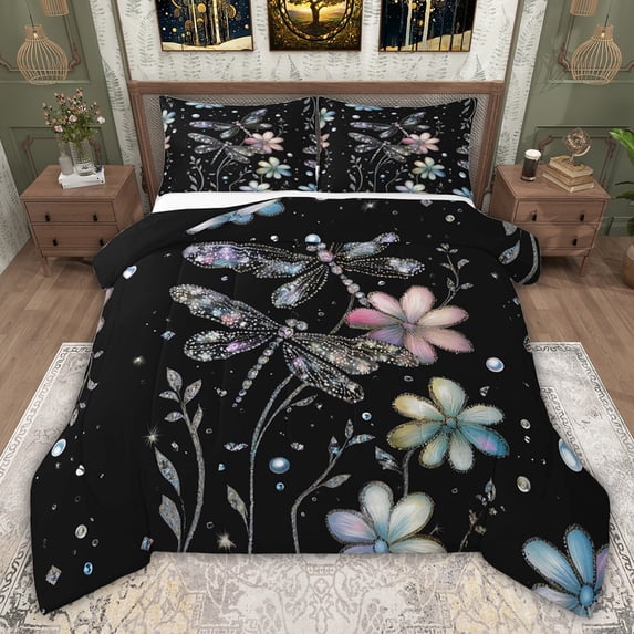 jejeloiu Boho Dragonfly Full Size Comforter Sets,Cute Daisy Blossom Bedding Sets For Girls Women Reversible 3 Pieces