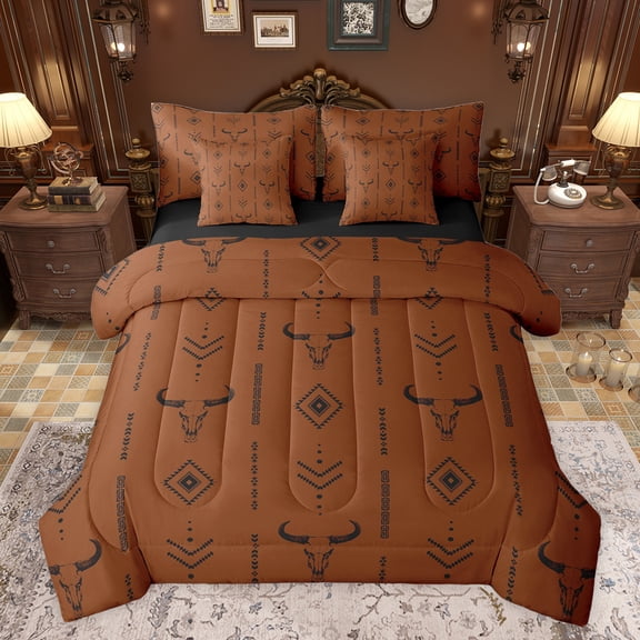 jejeloiu Boho Exotic Style 7 Pieces Bedding Comforter Set,Aztec Bull Skull Full Bedding Set,Black Brown Fitted Sheet Flat Sheet For Boys Teens,Microfiber Bedroom Decor Reversible
