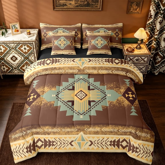 jejeloiu Boho Exotic Style 7pcs Bedding Comforter Set,Rustic Aztec Rhombus Queen Bedding Sets,Brown Beige Yellow Queen Sheet Sets For Adults,Super Cozy Room Decor Reversible