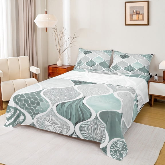 jejeloiu Boho Exotic Style Bed Sheets,Retro Stripe Triangle King Sheets,Green Gray Sheet Set For Kids,Ultra Soft Home Decor,4pcs