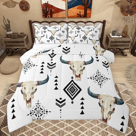 jejeloiu Boho Exotic Style Bedding Comforter Set,Bohemian Bull Skull Twin Comforter Sets,Retro Aztec Geometric Bedding Set For Boys Teens,Microfiber Bedroom Decor Reversible,2-Piece