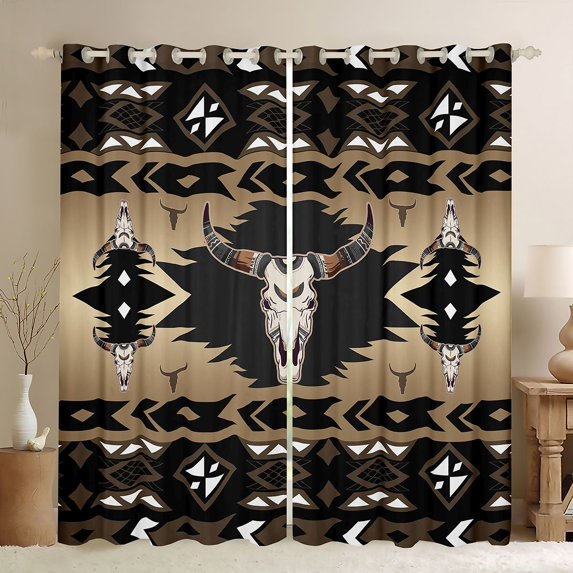 jejeloiu Boho Exotic Style Black Out Curtains,Bohemian Bull Skull Curtains Pack of 2 (42x63 Each),Brown Black Aztec Bedroom Curtains For Boys Teens,Microfiber Bedroom Decor
