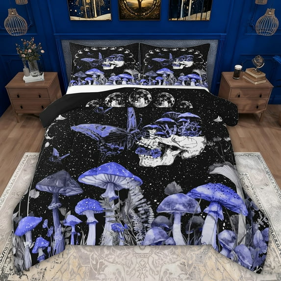 jejeloiu Boho Exotic Style Full Size Comforter Sets,Mushroom Skull Moth Bedding Sets For Men Women Reversible 3 Pieces