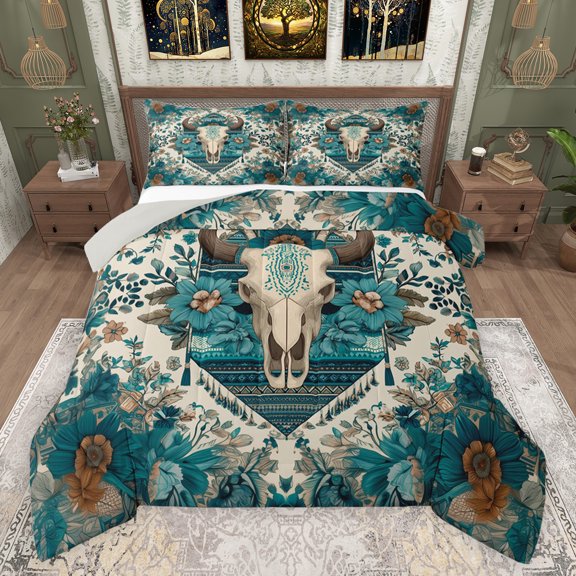 jejeloiu Boho Exotic Style Queen Comforter Set,Bohemian Bull Skull Bedding Sets,Beige Cyan Bedding Comforter Set For Boys Teens,Microfiber Bedroom Decor Reversible,3pcs