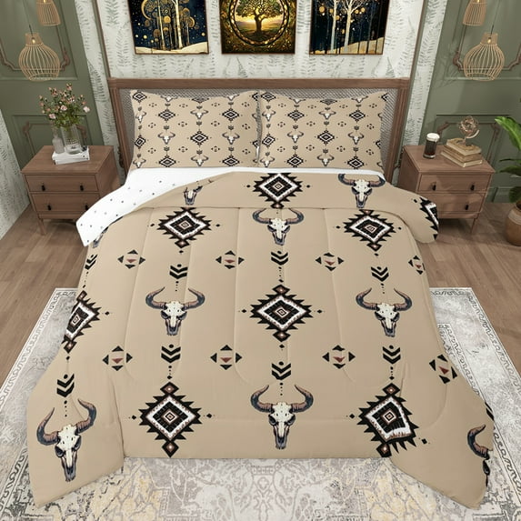 jejeloiu Boho Exotic Style Queen Comforter Set,Bohemian Bull Skull Bedding Sets,Brown Aztec Geometric Bedding Comforter Set For Boys Teens,Microfiber Bedroom Decor Reversible,3pcs