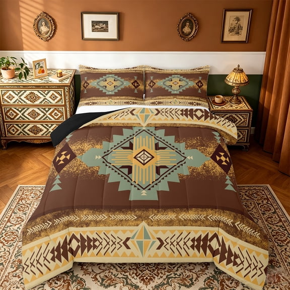 jejeloiu Boho Exotic Style Queen Comforter Set,Rustic Aztec Rhombus Bedding Sets,Brown Beige Yellow Bedding Comforter Set For Adults,Super Cozy Room Decor Reversible,3pcs