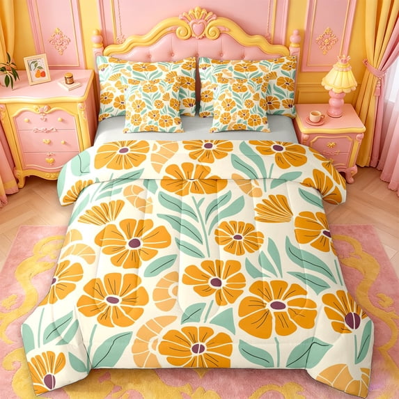 jejeloiu Boho Floral 7-Piece Twin Bedding For Girls,Earthy Pattern Bedding Comforter Set,Orange Cream,Light Gray Reversible