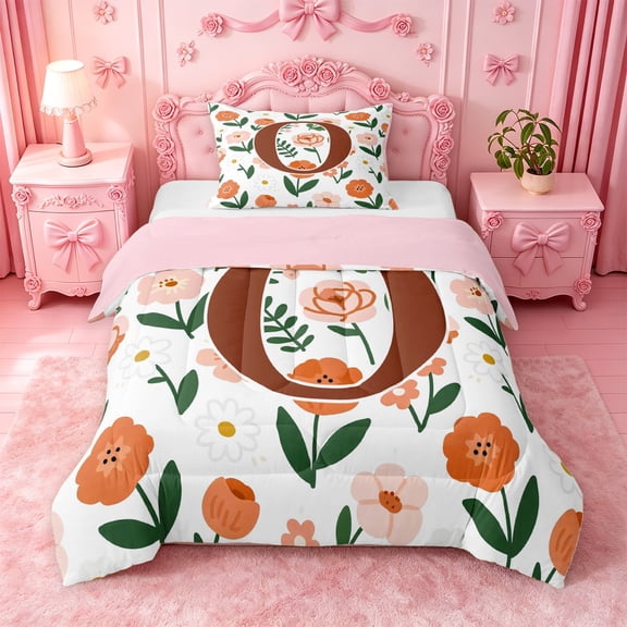Catabedysis Boho Floral Letter Print Twin Comforter Sets For Girl,Brown Monogrammed O Bedding Set,Pink Reversible,2pcs,1 Comforter and 1 Pillowcase