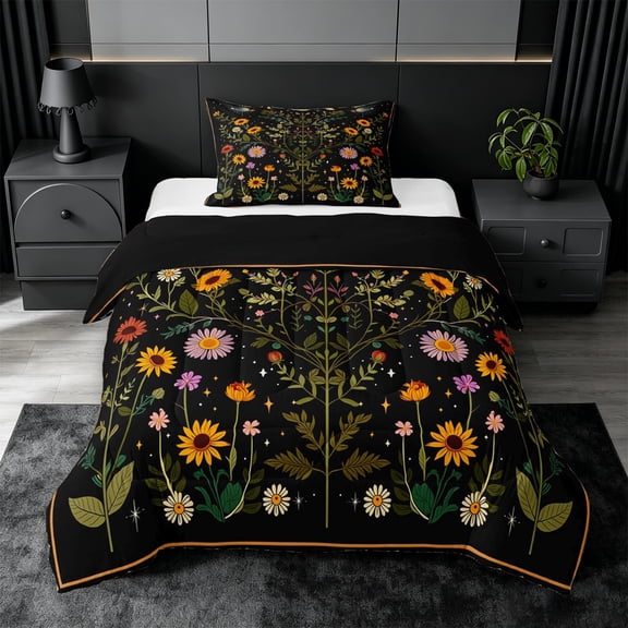 jejeloiu Boho Floral Twin Comforter Sets For Girls,Whimsical Wildflower Bedding Set,Multicolor Black,Black Reversible,2-Piece,1 Comforter and 1 Pillowcase