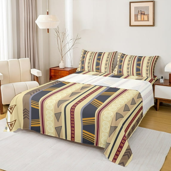 jejeloiu Boho Geometric Triangle Bed Sheets,Vintage Aztec Geometric King Sheets,Beige Brown Sheet Set,Breathable Room Decorative,4 Pieces
