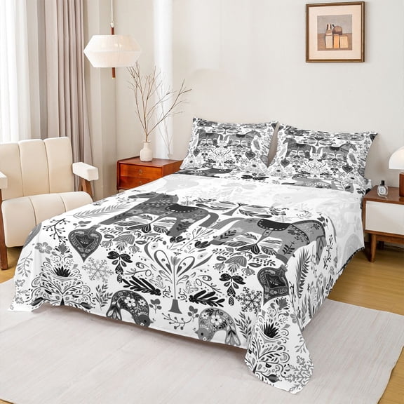 jejeloiu Boho Horse Floral Bed Sheets,White Gray King Sheets For Adults 4pcs