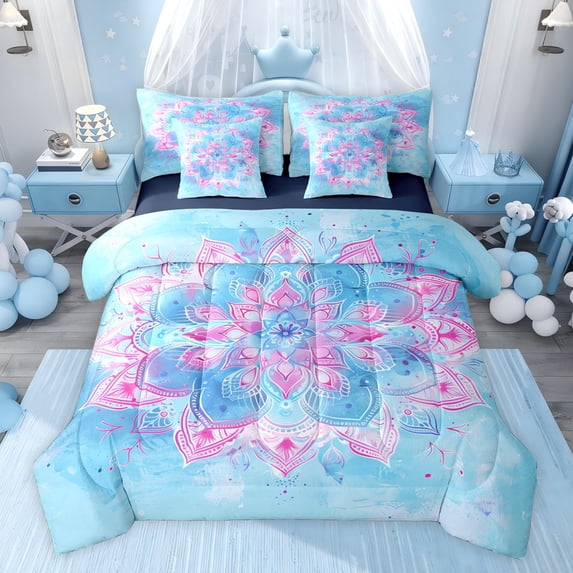 jejeloiu Boho Lotus Flower 7-Piece Twin Bedding Sets,Watercolor Floral Bedding Comforter Set For Girls Reversible