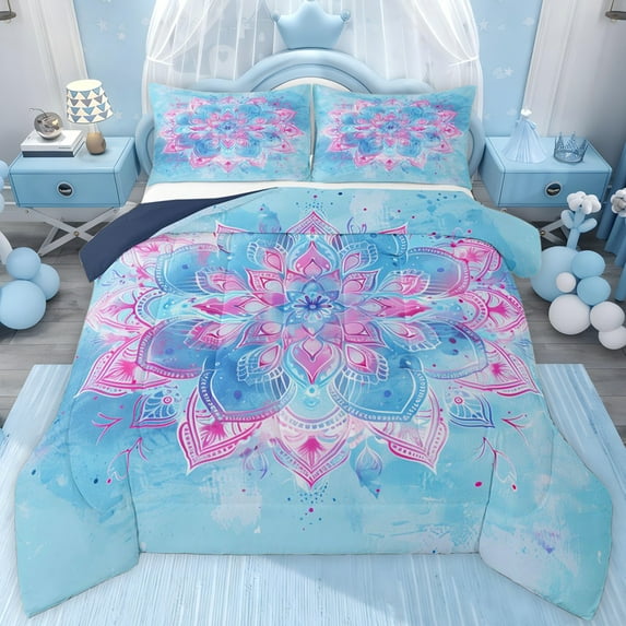 jejeloiu Boho Lotus Flower Twin Comforter Sets,Watercolor Floral Bedding Set For Girls Reversible 2 Pieces