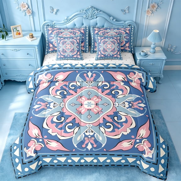 jejeloiu Boho Mandala 7pcs Queen Bedding For Men Women,Geometric Pattern Bedding Comforter Set Queen,Blue Pink White,Reversible