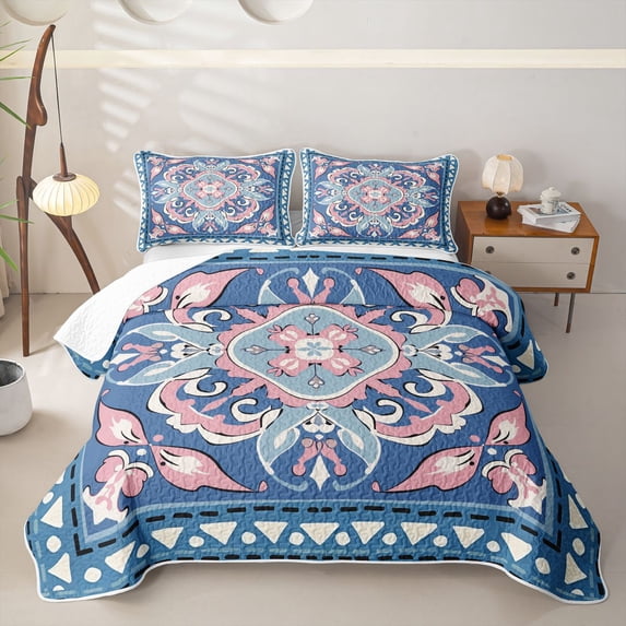 jejeloiu Boho Mandala Twin Quilt Set For Men Women,Geometric Pattern Twin Coverlet Set,Blue Pink White,2pcs