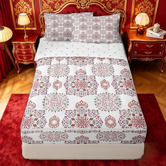 jejeloiu Boho Mandala Zipper Twin Comforter Sets with Fitted Sheet and 2 Pillowcases For Men Women,Geometric Pattern Zipper Bedding Set,White Red,Reversible,4-Piece