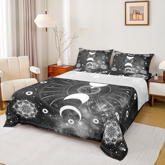 jejeloiu Boho Moon Pattern Twin Sheet Sets,Bohemian Exotic Style Twin Fitted Sheet,Vintage Flowers Flat Sheet For Girls Kids,Luxury Bedroom Decor,3 Pieces