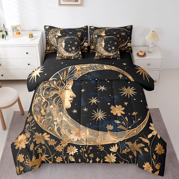 jejeloiu Boho Moon Twin Bedding Sets,7-PieceCrescent Moon Religious Tarot Bedding Comforter Set,Gold Floral Sheet Sets,Breathable Bedroom Decoration Reversible